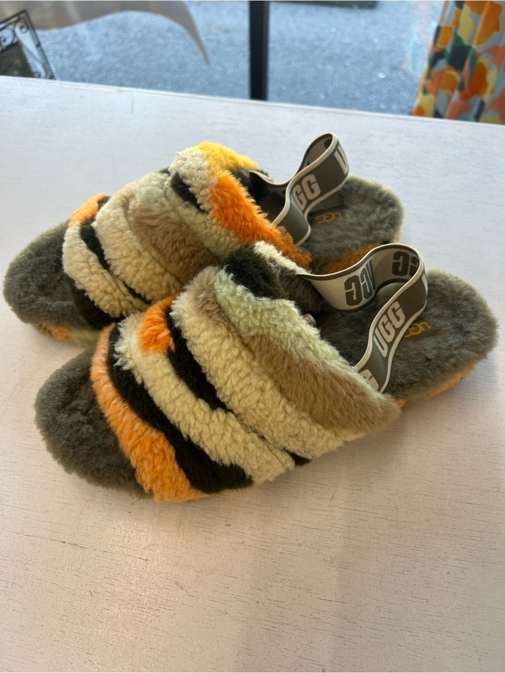 UGG Kids Orange, Cream & Black Fluff Slide with Branded Heel Strap